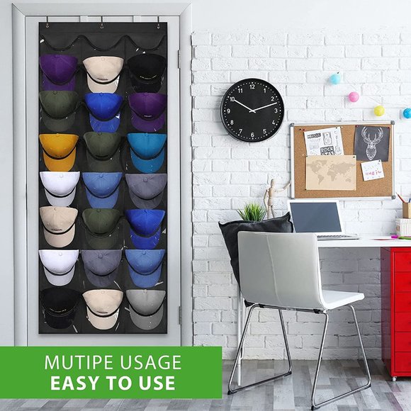 24 Deep Pockets- Hat Organizer - Hat Racks for Baseball - Wall Door with 3 Hooks - Picture 5 of 7